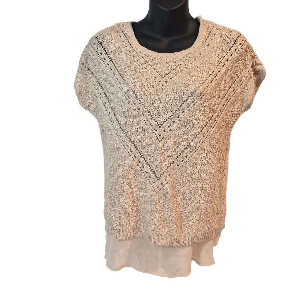 Westport Petite S Women's Cap Sleeve Open Back Crochet Knit‎ Layered Sweater Top